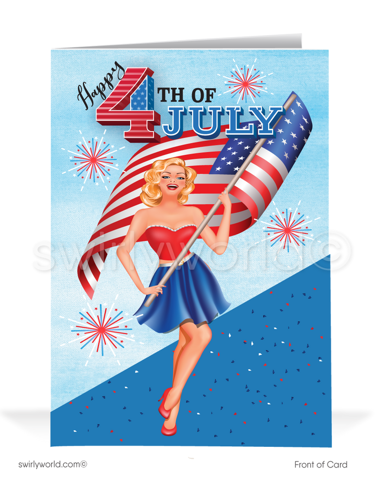 Patriotic Retro Pin-up Girl Waving American Flag 4th of July Independence Day Cards