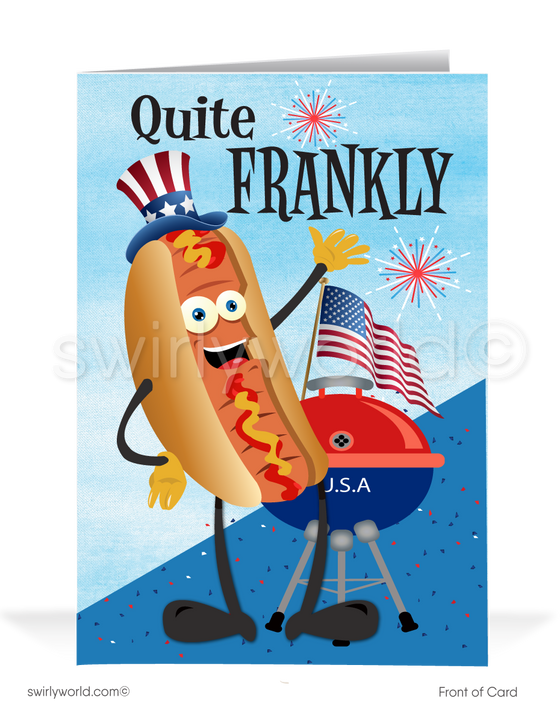 Humorous All American Hot Dog Cartoon Happy 4th of July Greeting Cards