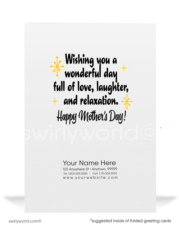 Salute the 'Queen Bee' moms with Swirly World's unique cartoon-style Mother’s Day cards. Perfect for businesses and individuals, personalize with your heartfelt message. Choose sleek flatcards or classic folded cards to deepen connections and honor cherished mothers with a distinctive, thoughtful gesture.