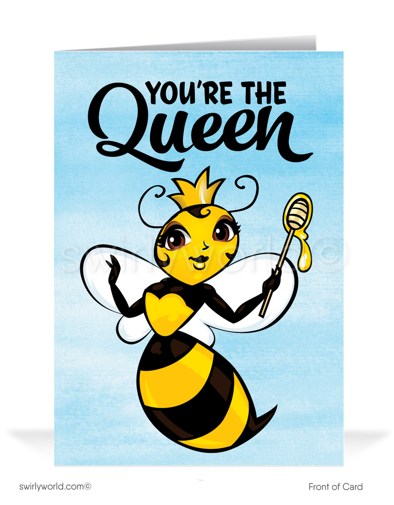 Salute the 'Queen Bee' moms with Swirly World's unique cartoon-style Mother’s Day cards. Perfect for businesses and individuals, personalize with your heartfelt message. Choose sleek flatcards or classic folded cards to deepen connections and honor cherished mothers with a distinctive, thoughtful gesture.