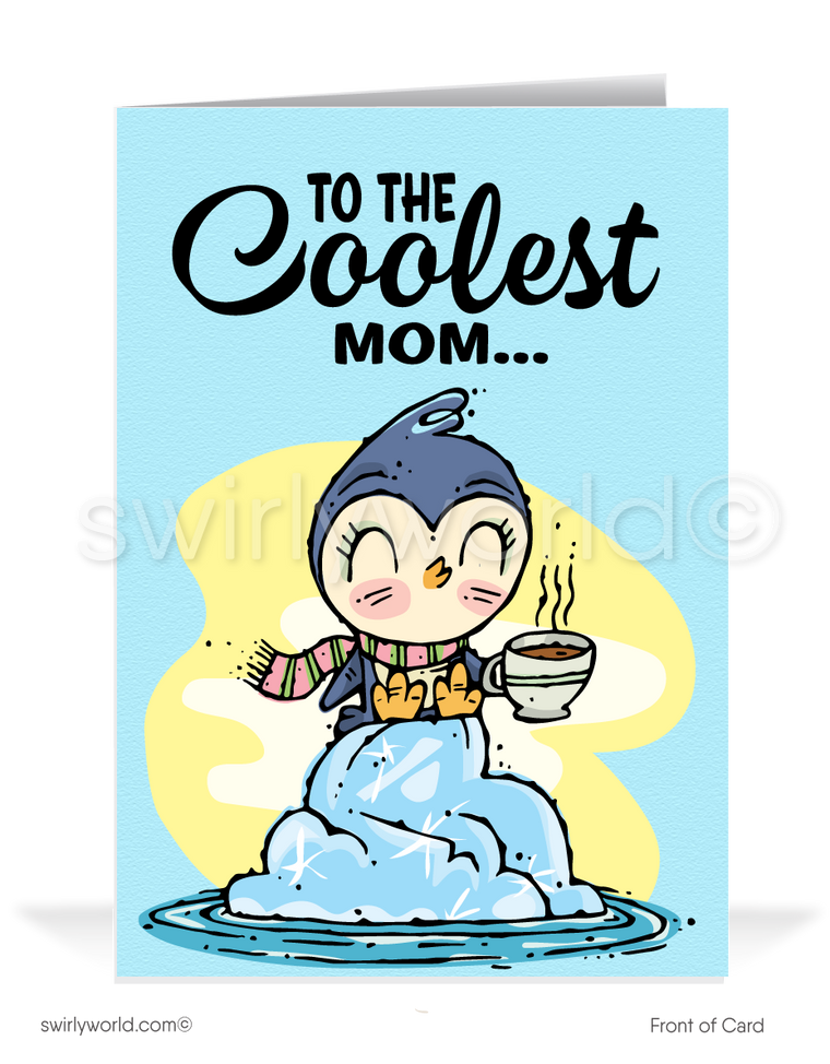 Delight moms with Swirly World's cartoon-style Happy Mother's Day cards featuring a cute penguin on an iceberg. Perfect for businesses to appreciate mom clients, customize with heartfelt messages. Choose from modern flatcards or traditional folded cards to deepen connections with a memorable, thoughtful gesture.