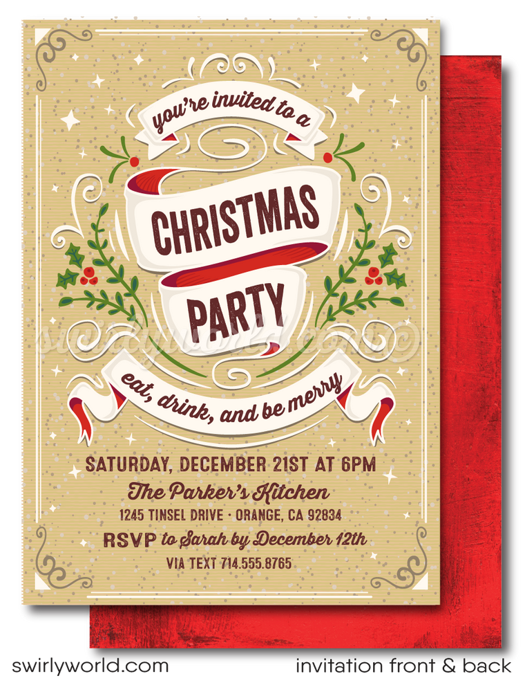retro holiday Christmas dinner party invitations