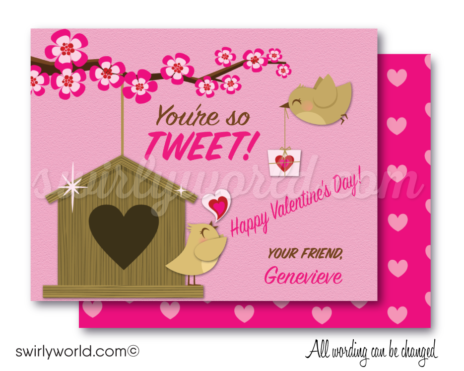 Fall in LOVE with this adorable "You're So Tweet" theme digital printable Valentine's Day cards for girls.