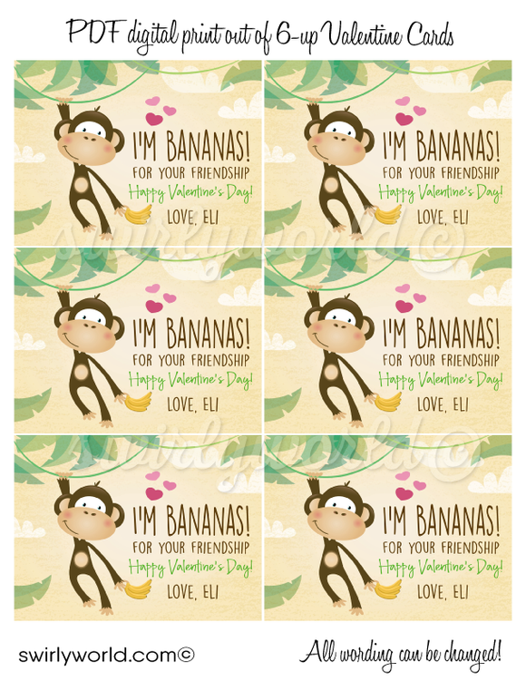gender neutral unisex Monkey bananas for your friendship school classroom Valentine's day cards for kids.