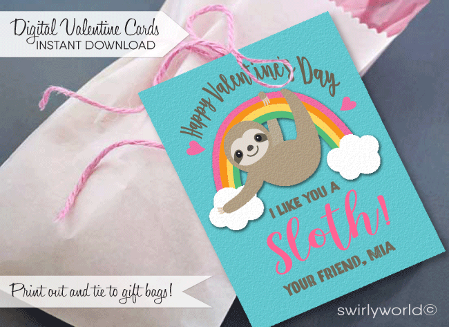 Cute Rainbow "I like you a Sloth" Sloth Valentine's Day Cards for Girls