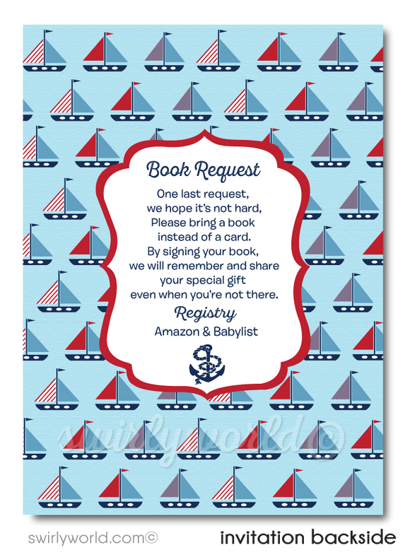 Nautical Sailboat Ocean Blue Sailor Theme Boy's Printed Baby Shower Invitations