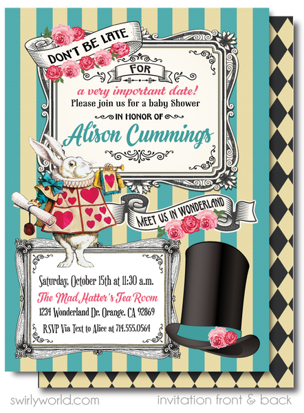 Alice In Wonderland Invitations Personalized with Envelopes, 5 x 7 inc