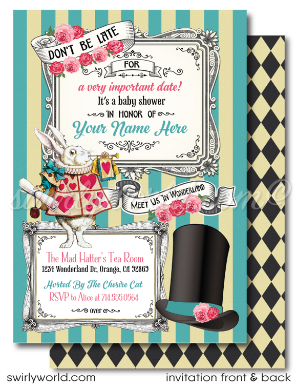 Gender Neutral Vintage Alice in Wonderland Mad Hatter's Tea Party Theme Baby Shower Invitation and Thank You Card Digital Download Bundle.
