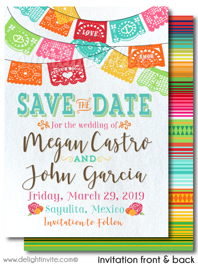 Mexican fiesta wedding save the date invitations. Paper Flags Papel Picado mexican flowers serape wedding invitations