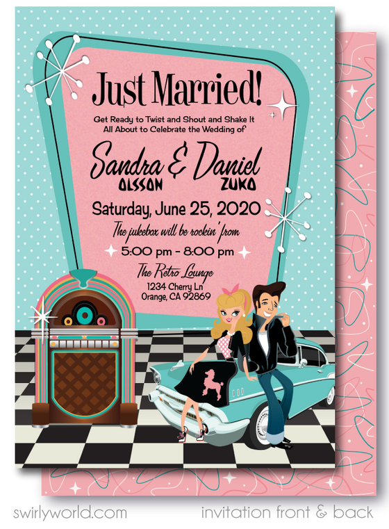 1950s Retro Rockabilly Grease Pink Ladies Wedding Invitations and RSVP card Digital Download Bundle
