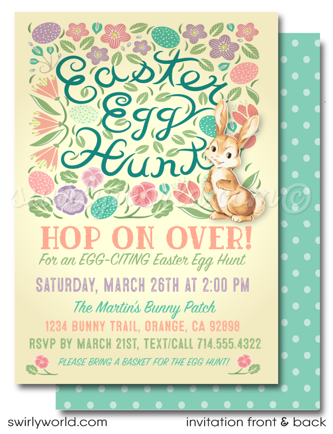 Easter Egg Hunt invitation design for digital download. Easter Bunny with Egg Basket perfect for Egg Hunt Poster Design. Vintage easter bunny