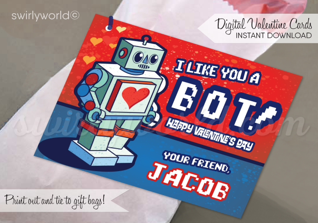 retro space robot Valentine's day school classroom cards for boys. Unique boys valentine cards. Fall in LOVE with this cool "nuts and bolts" retro robot techy theme Valentine's Day digital printable cards. 