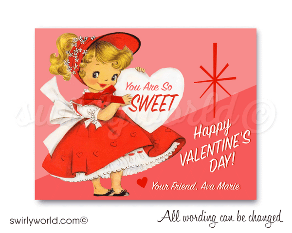 Vintage 1950s Kitschy Sewing Girl Valentine's Day Card Digital