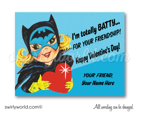1950's retro vintage mid-century bat girl batman Valentine's day cards for girl's school classroom