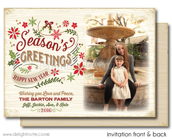 Rustic Vintage Season's Greetings Holiday Family Photo Card Printable Digital