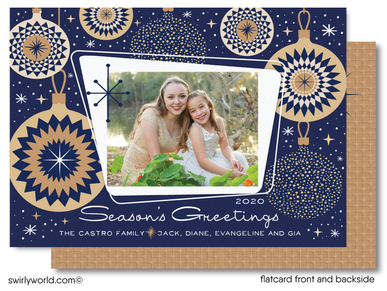 Retro Atomic Mod Navy Blue and Gold Family Christmas Printed Holiday Photo Cards