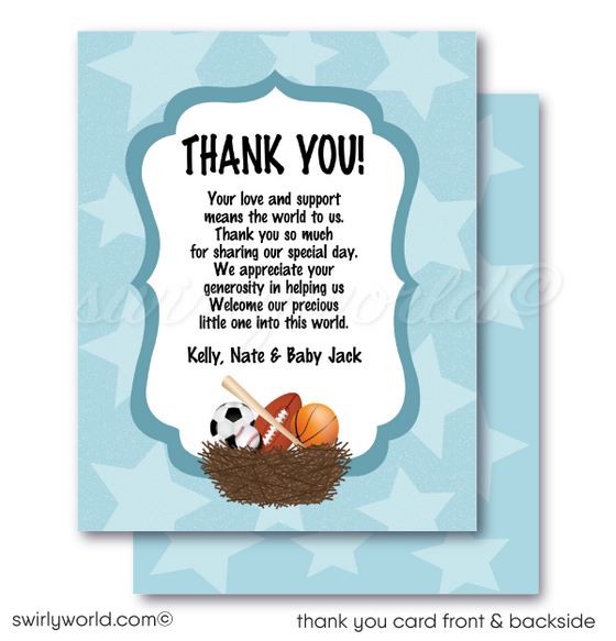 All Star "It's a Boy" Sports Theme Blue Baby Shower Thank You Cards
