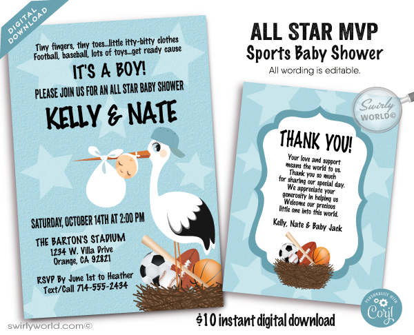 All-Star Sports "It's a Boy" Couples MVP Football Baseball Baby Shower Invitation and Thank You Card Digital Download Bundle.