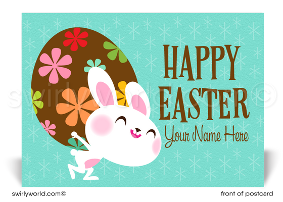 Retro modern cute bunny happy Easter postcards for businessRetro modern cute white bunny rabbit with chocolate colored egg; happy Easter springtime postcards for business marketing.