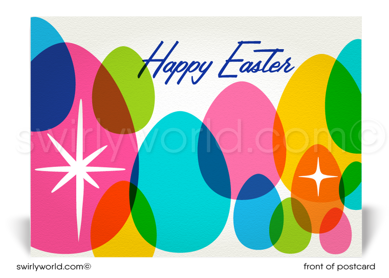 Retro mid-century atomic modern style colorful eggs happy Easter springtime postcards for business marketing.