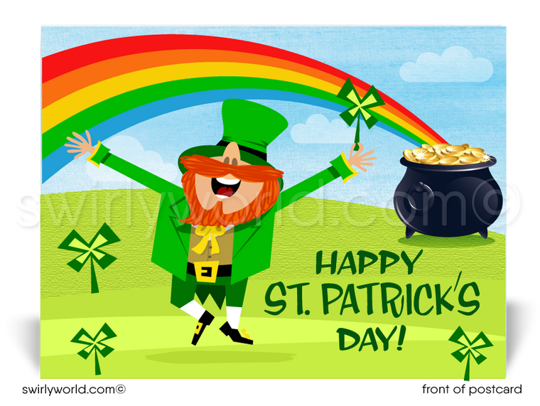 Cartoon Shamrock Leprechaun Business Happy St. Patrick's Day PostcardsLucky shamrocks Irish leprechaun with pot of gold and end of rainbow happy St. Patrick's Day postcards for business marketing.