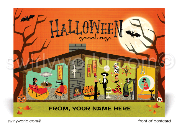 Boasting the charm of Eichler mid-century modern architecture, monsters enjoying cocktails, and an explosion of dynamic colors and typography, this vintage Halloween design is bound to stun your clients, customers, and pals. Every detail exudes the essence of retro atomic mid-century style.
