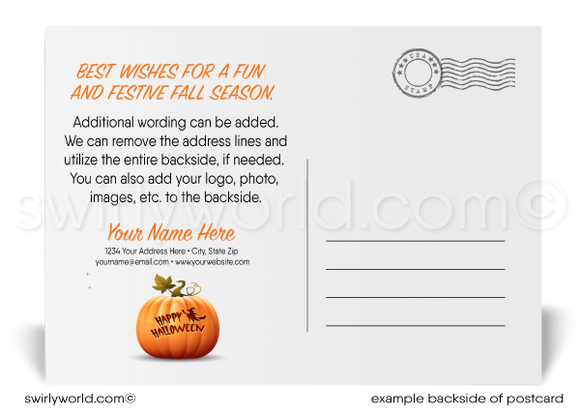 Happy Fall Y'all! Fun and festive autumn season happy Halloween postcards for business professionals. Client postcards for halloween marketing