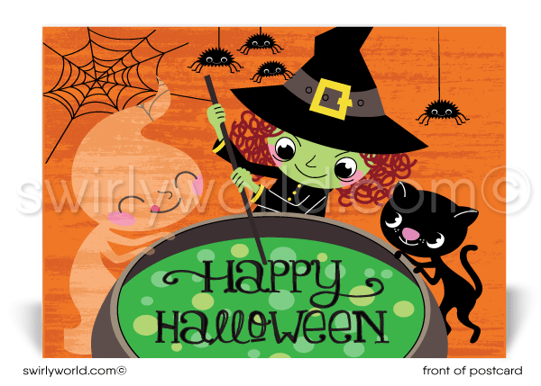 This postcard features a unique design featuring a green-faced witch stirring her magical cauldron with her cute black kitty cat, set against a vivid orange backdrop adorned with adorable spiders and ghost.
