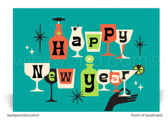 Atomic Mid-Century Modern Cheers to the New Year Retro Holiday Postcards