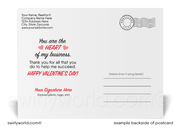 Home with hearts coming out of chimney; happy Valentine's Day postcards for Realtors and Agents.