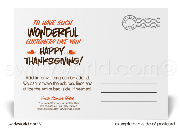 Grateful for your business. Funny cute cartoon turkey professional happy Thanksgiving postcards for business.