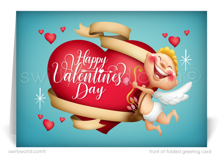 This Valentine's Day, elevate your expression of gratitude and appreciation with our elegantly designed greeting cards, crafted especially for business professionals. Our card features a beguiling flying cupid cartoon illustration with retro typography saying "Happy Valentine's Day" inscribed on a large red heart with a sky blue backdrop adorned with hearts and starbursts.