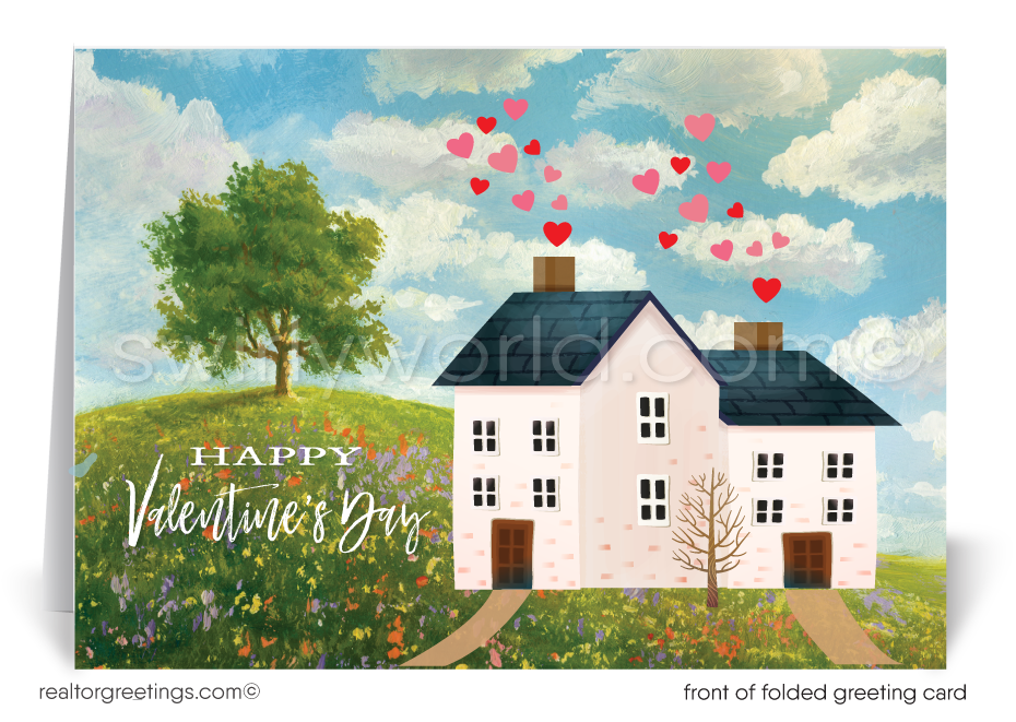 Celebrate Valentine's Day with a unique touch using our "Home is Where the Heart Is" greeting card, specially designed for realtors. The front of the card charmingly displays a quaint farm house nestled in the country, with whimsical hearts floating out of the chimney. This delightful illustration not only conveys love and happiness but also subtly echoes the joy of finding the perfect home.