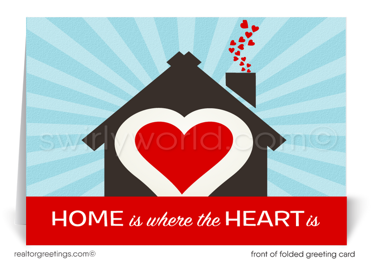 This Valentine greeting card features a charming house with a red heart-shaped door, it beautifully expresses the sentiment that home is truly where the heart is!
