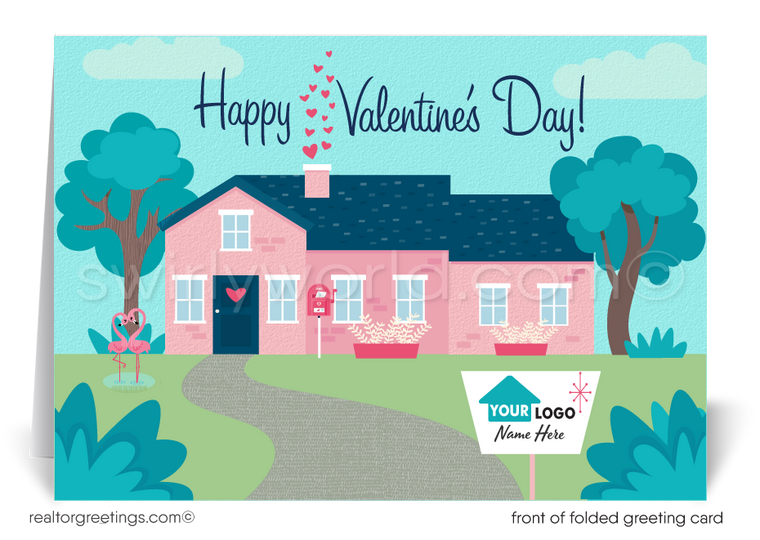 This delightful Valentine's Day greeting card is adorned with an endearing illustration of a quaint pink house, epitomizing the comfort and affection that make a house truly feel like a home. The playful addition of hearts whimsically drifting from the chimney captures a message of charm and heartfelt sentiment.