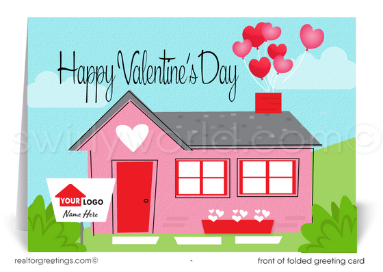 This delightful Valentine's Day greeting card is adorned with an endearing illustration of a quaint pink house, epitomizing the comfort and affection that make a house truly feel like a home. The playful addition of hearts whimsically drifting from the chimney captures a message of charm and heartfelt sentiment.
