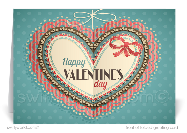 This Valentine's Day, elevate your expression of gratitude and appreciation with our elegantly designed greeting cards, crafted especially for business professionals. Our card features a vintage style Victorian inspired heart with retro typography saying "Happy Valentine's Day" inscribed on front.
