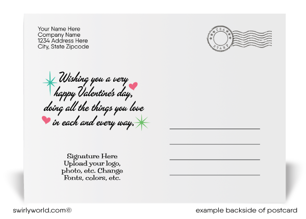 Retro mid-century modern vintage style atomic mod starbursts happy Valentine's Day digital download postcards.