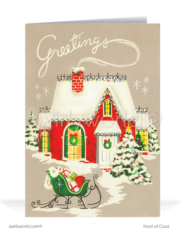 1950's retro mid-century style vintage old-fashioned house Merry Christmas holiday cards.