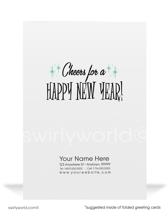 1960s retro mid-century atomic modern vintage Happy New Year holiday greeting cards.