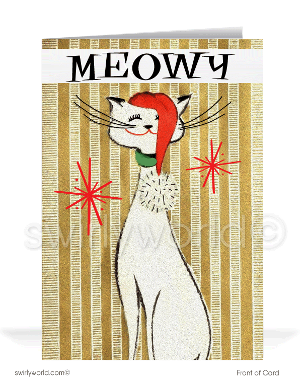 Vintage Atomic Mid-Century Modern Retro "Meowy Christmas" Kitty Cat Holiday Cards