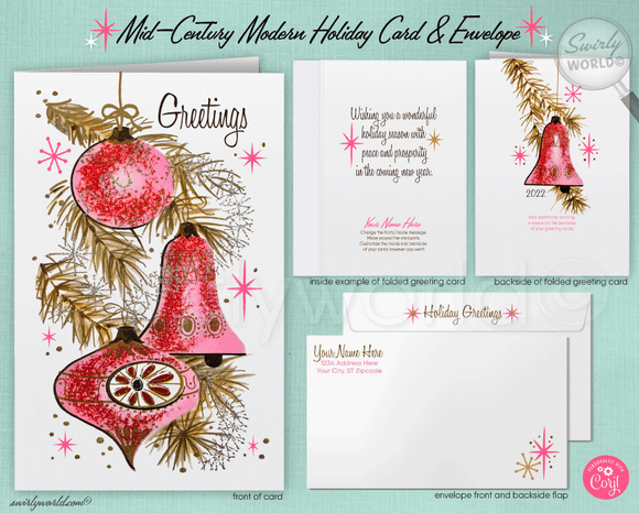 Vintage retro atomic mid-century modern pink hand-blown ornaments 1960s printed Christmas holiday cards.