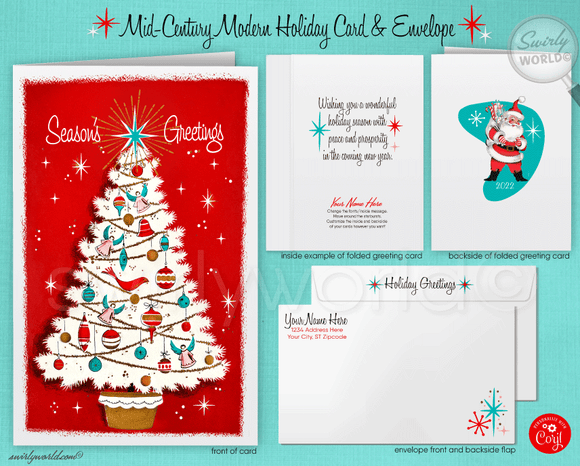 Vintage Style Red and Aqua Blue 1950s 1960's Atomic Mid-Century Modern Kitsch Christmas Holiday Retro Tree Greeting Cards with Envelopes. Atomic pink white retro Christmas tree. 