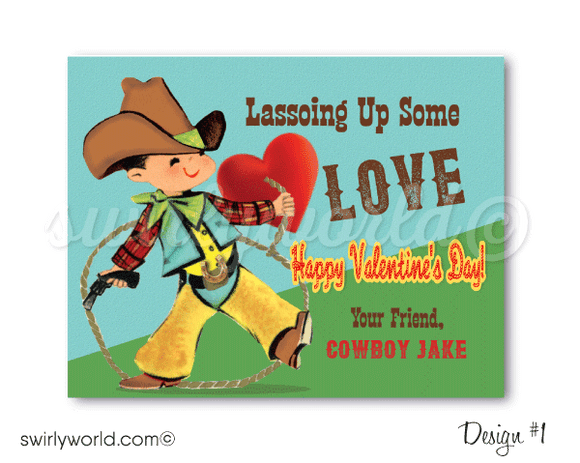 1950s vintage cowboy Valentine's Day cards for boy. Retro western cowboy happy Valentine's Day cards for boy's classroom.