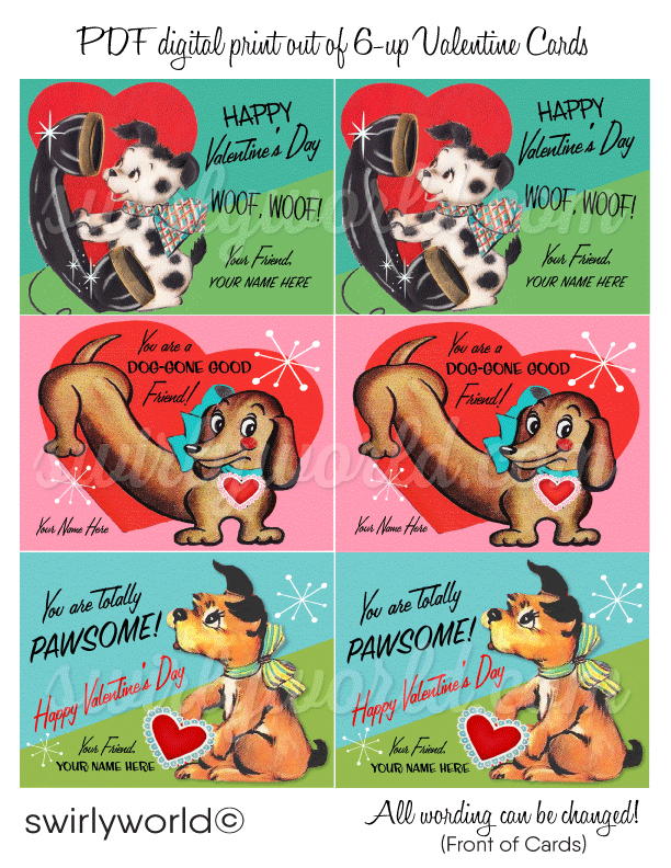 Fall in LOVE with these adorable 1950s vintage style puppy Dog Valentine's Day card digital download designs! 1960s vintage weiner dog.