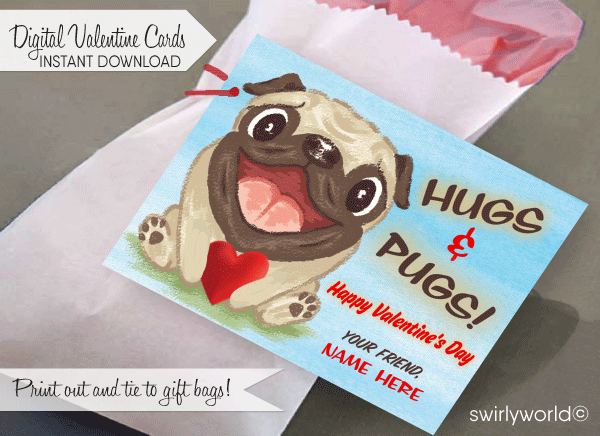 Hugs and Pugs Fawn Pug Puppy Dog Valentine's Day Card Digital Download. cute fawn Pug puppy gender neutral Valentine.