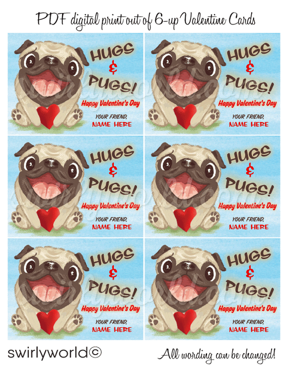 Hugs and Pugs Fawn Pug Puppy Dog Valentine's Day Card Digital Download. cute fawn Pug puppy gender neutral Valentine.