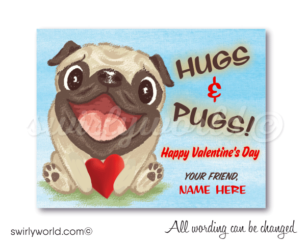Hugs & Pugs Fawn Pug Puppy Dog Gender Neutral Valentine's Day Card Digital Download