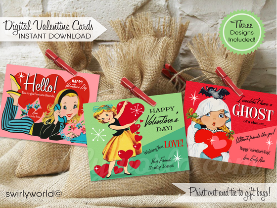 Printage digital 1950s retro vintage Valentine's day cards for girls. Retro Vintage 1950s Mid-Century Valentine's Day Card Digital Printable Downloads