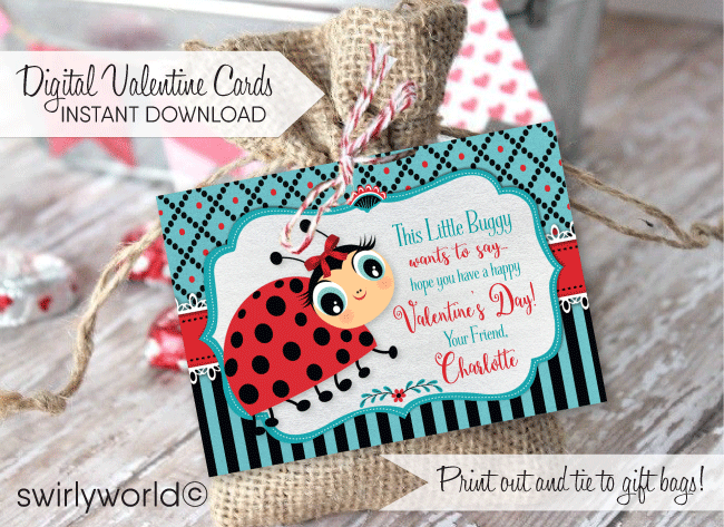 retro 1950s cute ladybug valentine's day cards for school classroom. African american brown girl valentine's day cards for digital download.
